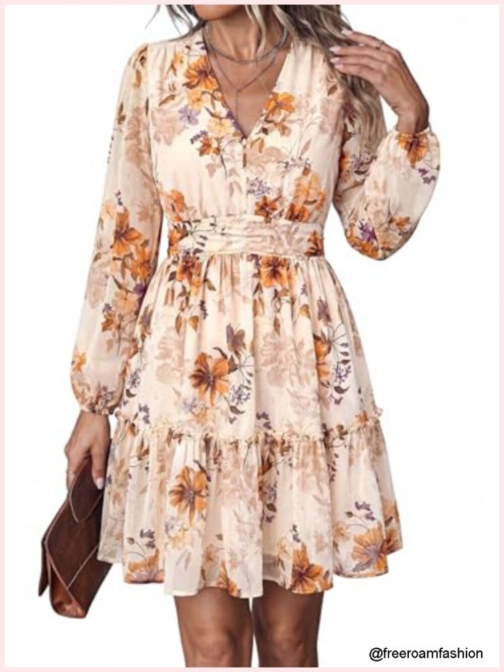 Women's Floral Mini Dress Long Sleeve V-Neck Fit & Flare Ruffle Hem A-Line - Picture 5 of 6